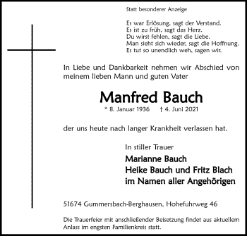 Anzeige von Manfred Bauch von Kölner Stadt-Anzeiger / Kölnische Rundschau / Express