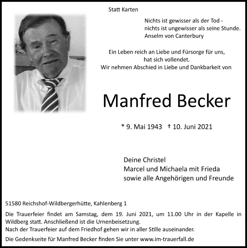  Traueranzeige für Manfred Becker vom 18.06.2021 aus  Anzeigen Echo  Lokalanzeiger 