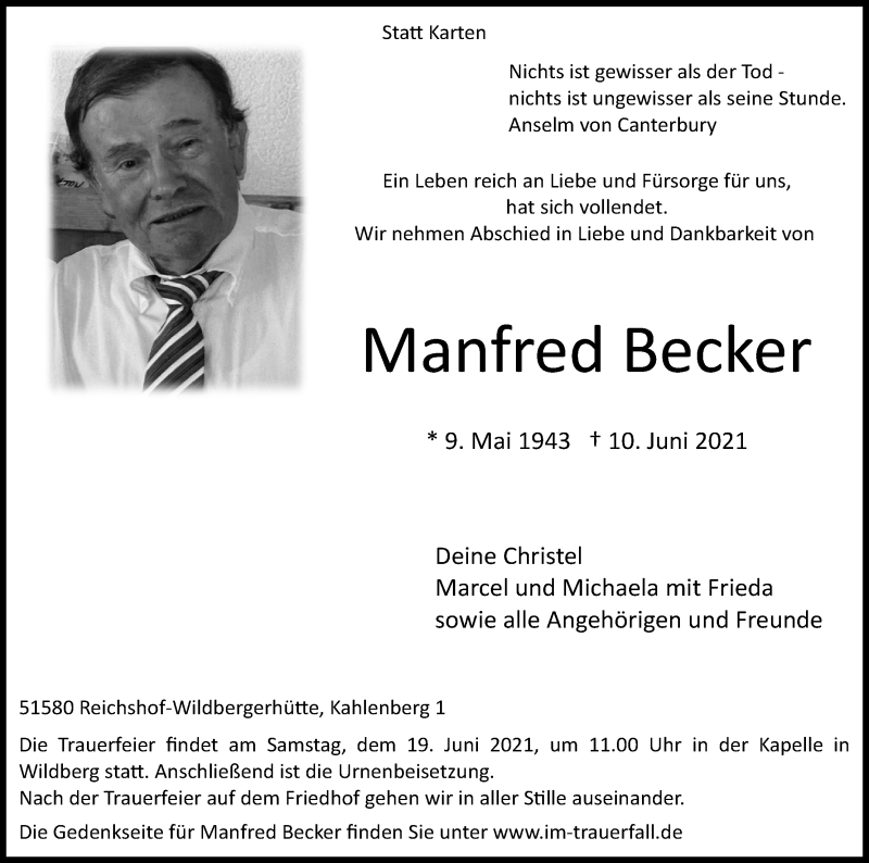  Traueranzeige für Manfred Becker vom 15.06.2021 aus Kölner Stadt-Anzeiger / Kölnische Rundschau / Express