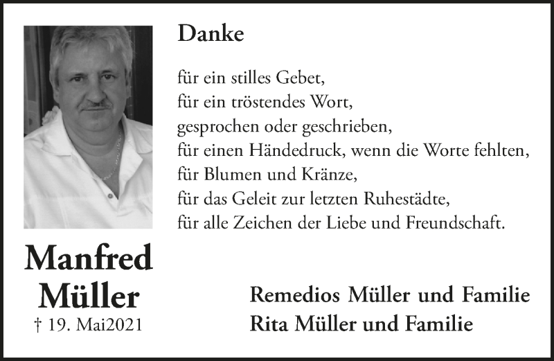  Traueranzeige für Manfred Müller vom 18.06.2021 aus  Schlossbote/Werbekurier 