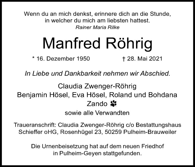 Traueranzeige für Manfred Röhrig vom 12.06.2021 aus Kölner Stadt-Anzeiger / Kölnische Rundschau / Express