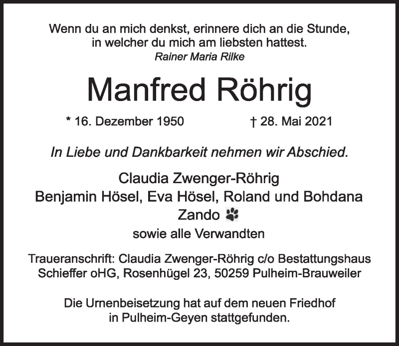  Traueranzeige für Manfred Röhrig vom 11.06.2021 aus  Wochenende 