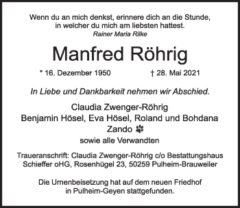 Anzeige von Manfred Röhrig von  Wochenende 