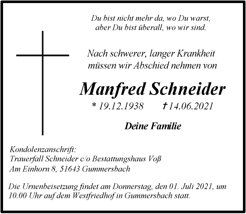  Traueranzeige für Manfred Schneider vom 25.06.2021 aus  Anzeigen Echo 