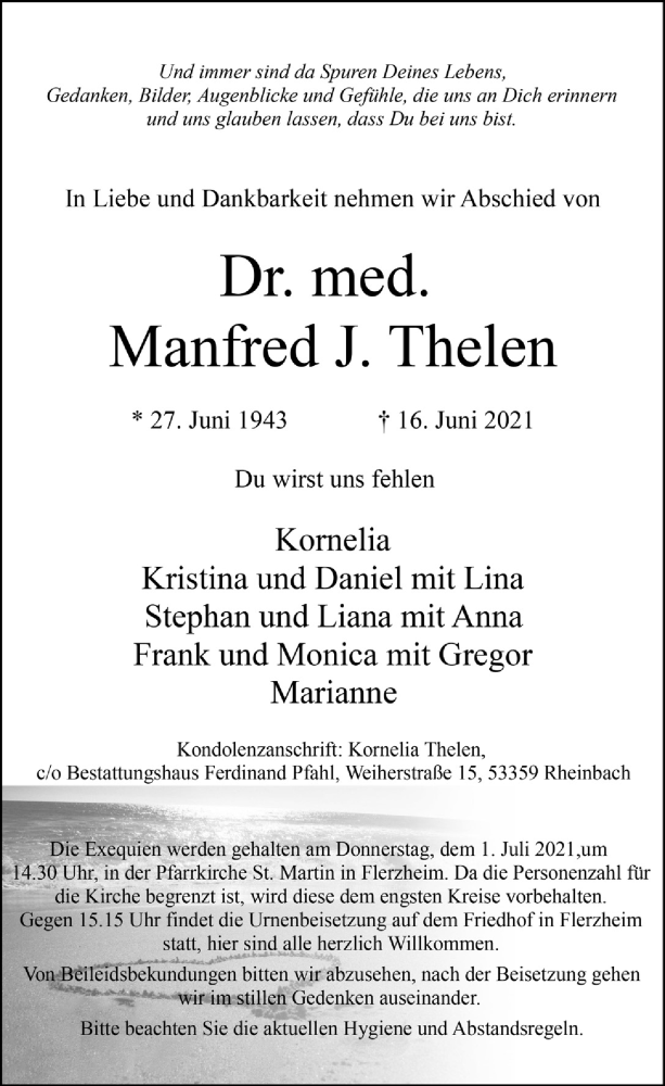  Traueranzeige für Manfred Thelen vom 25.06.2021 aus  Schaufenster/Blickpunkt 