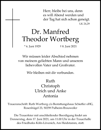 Anzeige von Manfred Theodor Wortberg von Kölner Stadt-Anzeiger / Kölnische Rundschau / Express