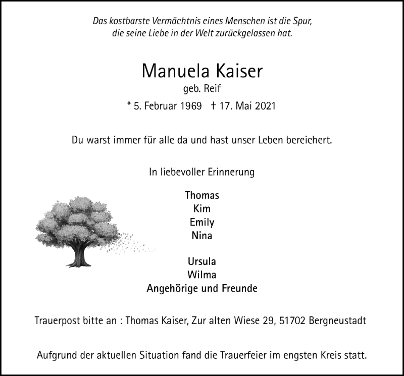  Traueranzeige für Manuela Kaiser vom 04.06.2021 aus  Anzeigen Echo 