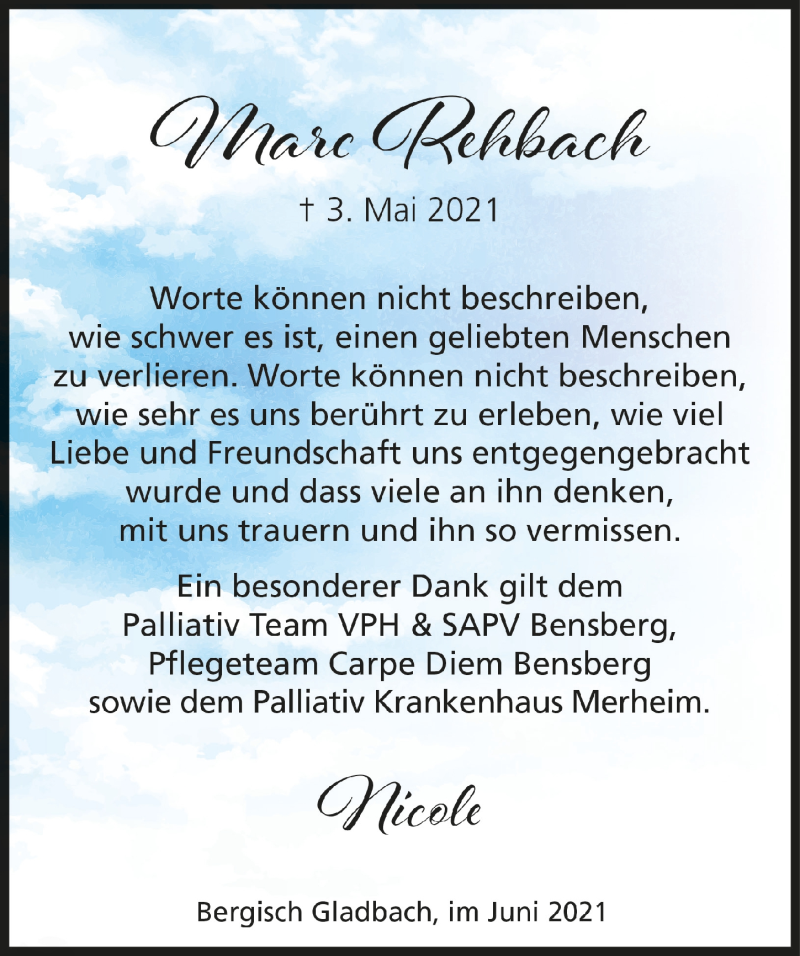  Traueranzeige für Marc Rehbach vom 25.06.2021 aus  Bergisches Handelsblatt 