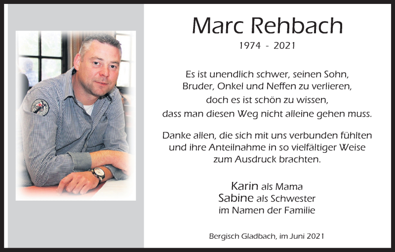  Traueranzeige für Marc Rehbach vom 26.06.2021 aus Kölner Stadt-Anzeiger / Kölnische Rundschau / Express