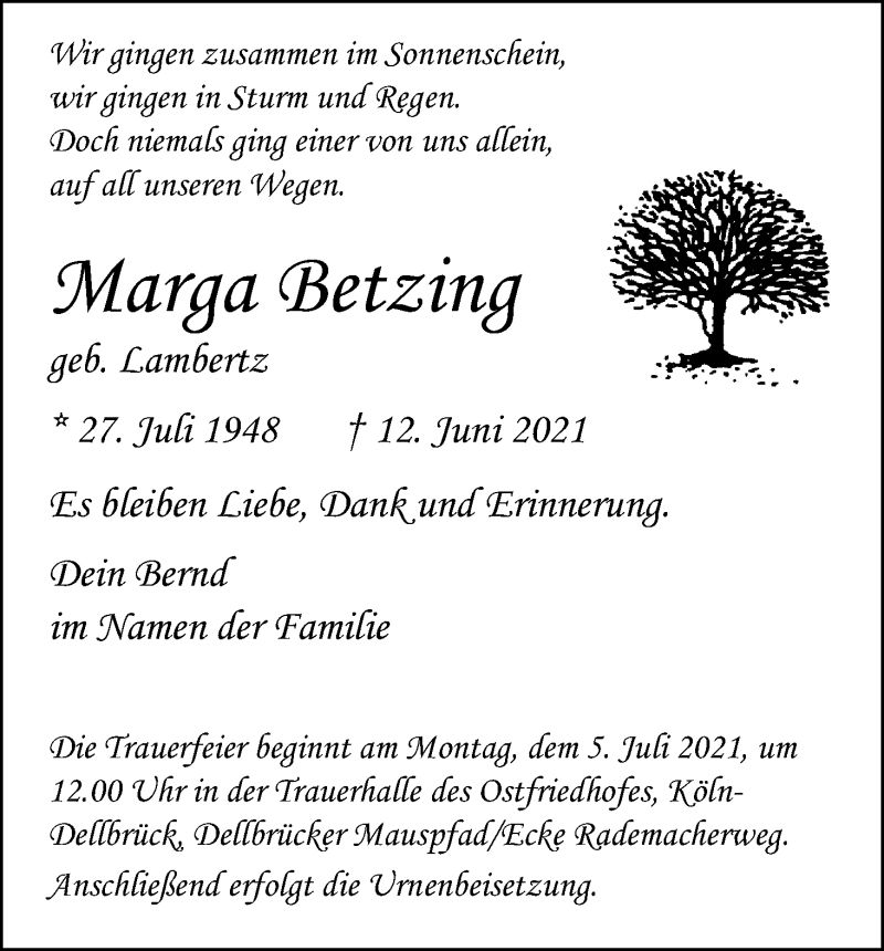  Traueranzeige für Marga Betzing vom 26.06.2021 aus Kölner Stadt-Anzeiger / Kölnische Rundschau / Express