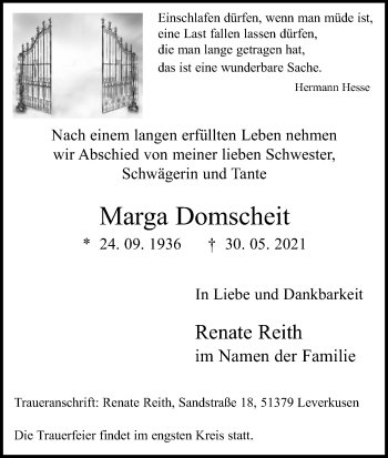 Anzeige von Marga Domscheit von Kölner Stadt-Anzeiger / Kölnische Rundschau / Express