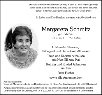 Anzeige von Margareta Schmitz von  Schaufenster/Blickpunkt 