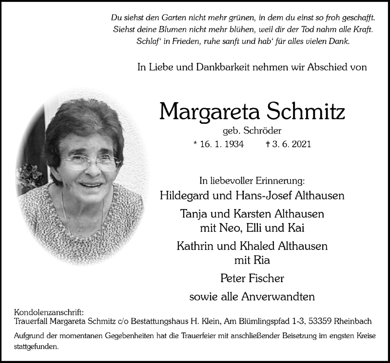  Traueranzeige für Margareta Schmitz vom 19.06.2021 aus  Blickpunkt Euskirchen 