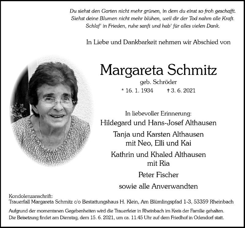  Traueranzeige für Margareta Schmitz vom 11.06.2021 aus  Schaufenster/Blickpunkt 