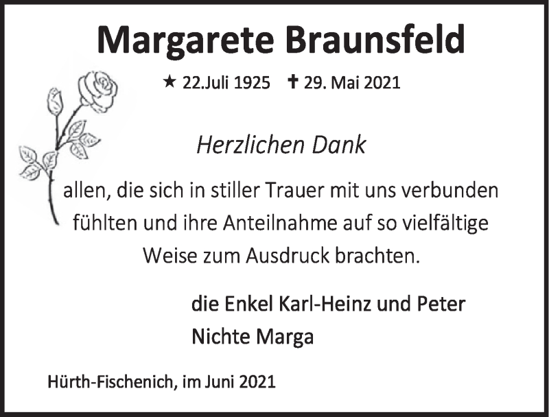  Traueranzeige für Margarete Braunsfeld vom 18.06.2021 aus  Wochenende 