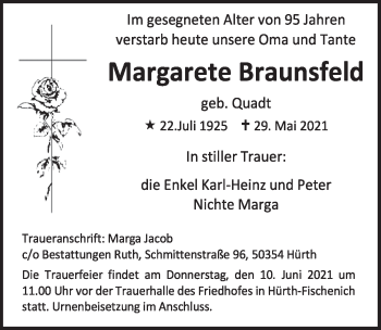 Anzeige von Margarete Braunsfeld von  Wochenende 