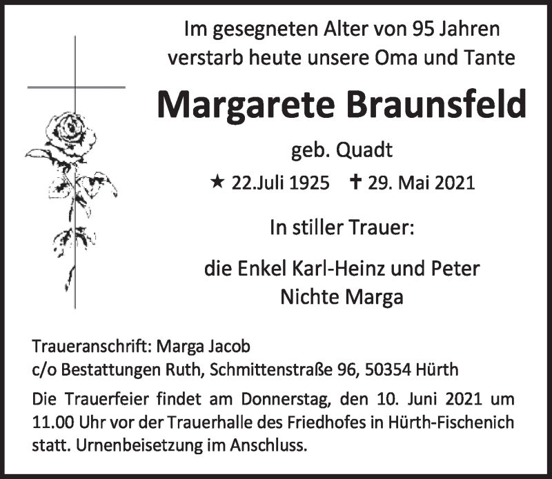  Traueranzeige für Margarete Braunsfeld vom 04.06.2021 aus  Wochenende 