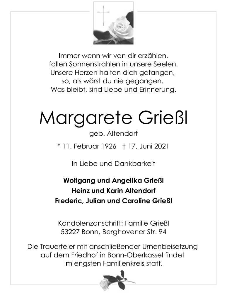  Traueranzeige für Margarete Grießl vom 26.06.2021 aus Kölner Stadt-Anzeiger / Kölnische Rundschau / Express