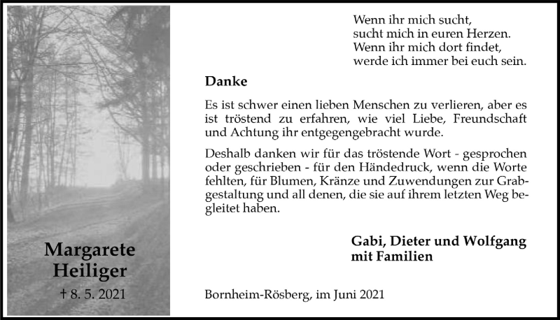  Traueranzeige für Margarete Heiliger vom 18.06.2021 aus  Schaufenster/Blickpunkt 