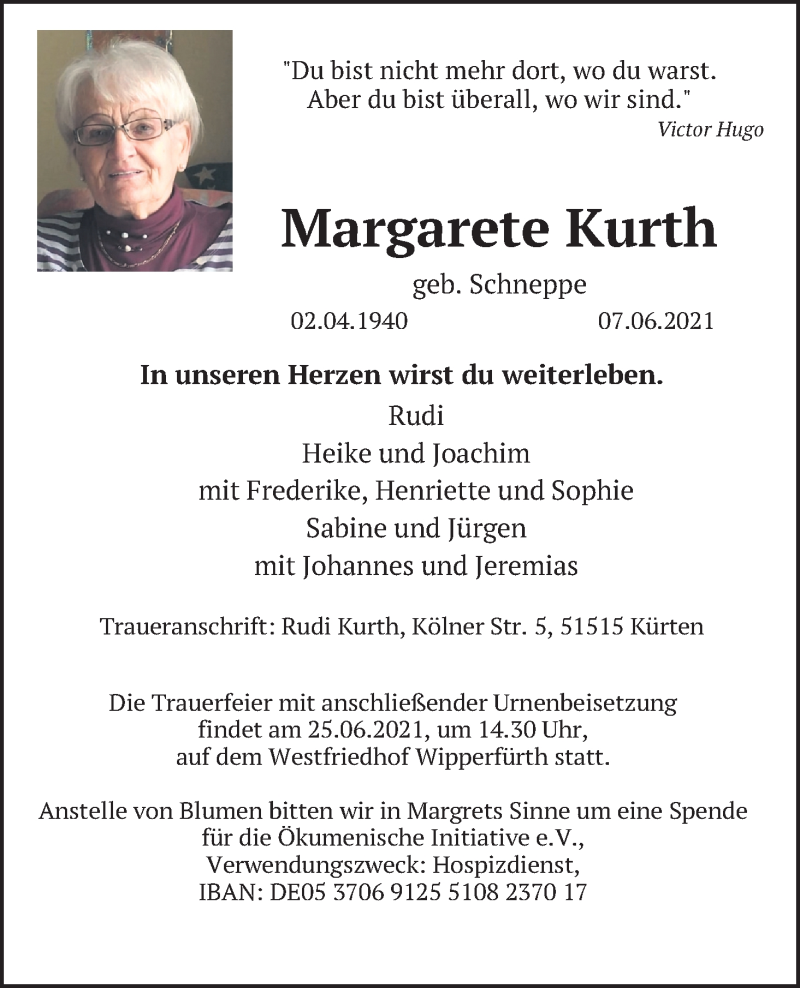  Traueranzeige für Margarete Kurth vom 19.06.2021 aus Kölner Stadt-Anzeiger / Kölnische Rundschau / Express