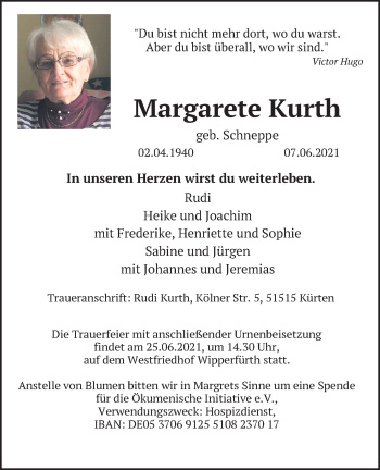 Anzeige von Margarete Kurth von Kölner Stadt-Anzeiger / Kölnische Rundschau / Express