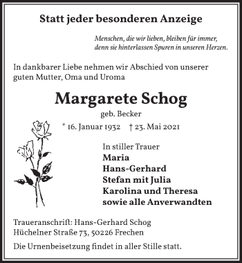 Anzeige von Margarete Schog von  Wochenende 