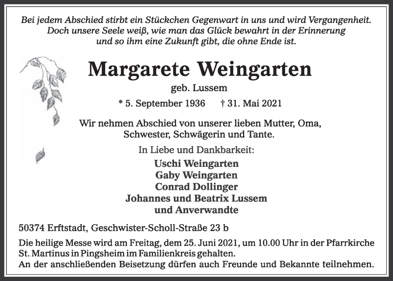  Traueranzeige für Margarete Weingarten vom 11.06.2021 aus  Werbepost 