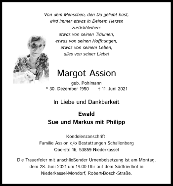 Anzeige von Margot Assion von Kölner Stadt-Anzeiger / Kölnische Rundschau / Express