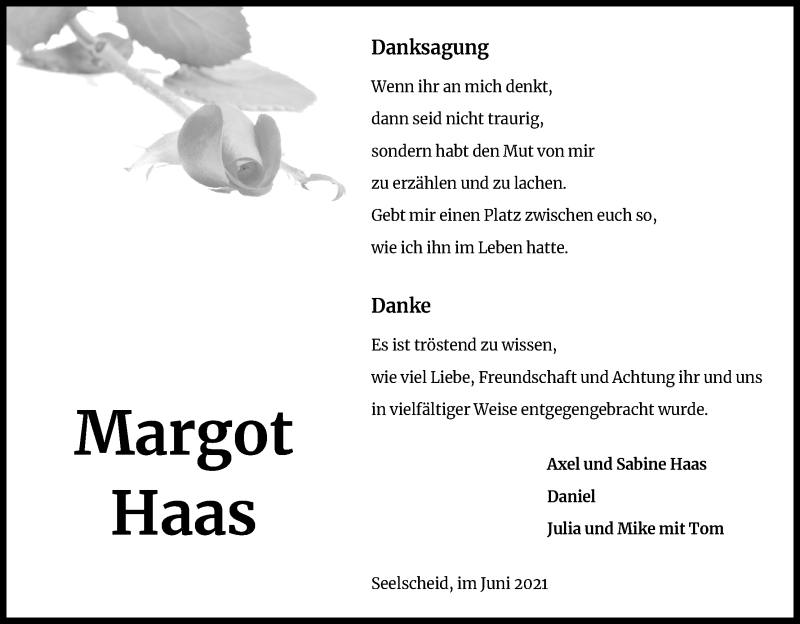  Traueranzeige für Margot Haas vom 19.06.2021 aus Kölner Stadt-Anzeiger / Kölnische Rundschau / Express