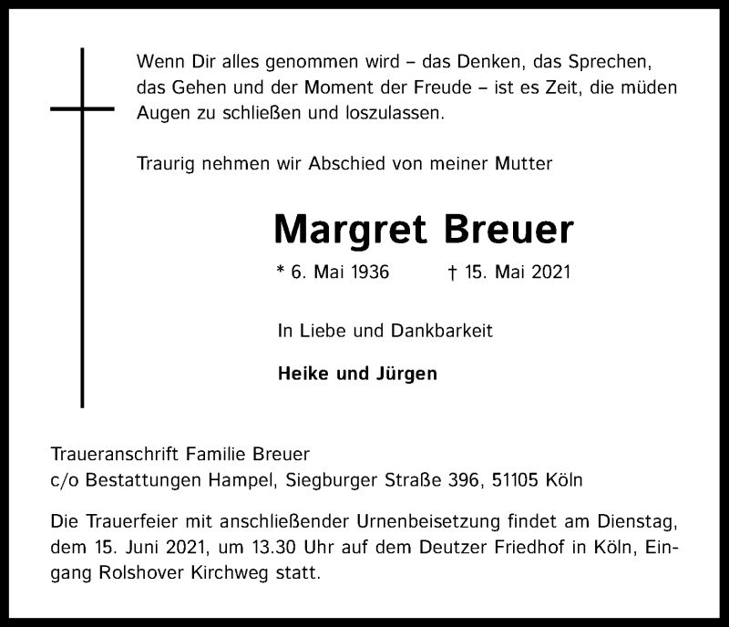  Traueranzeige für Margret Breuer vom 12.06.2021 aus Kölner Stadt-Anzeiger / Kölnische Rundschau / Express
