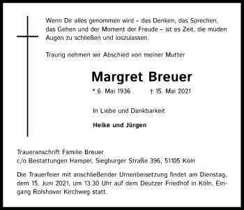 Anzeige von Margret Breuer von Kölner Stadt-Anzeiger / Kölnische Rundschau / Express