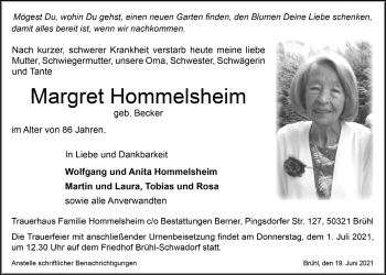 Anzeige von Margret Hommelsheim von  Schlossbote/Werbekurier 