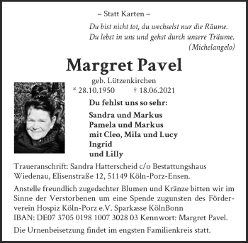 Anzeige von Margret Pavel von  Kölner Wochenspiegel 