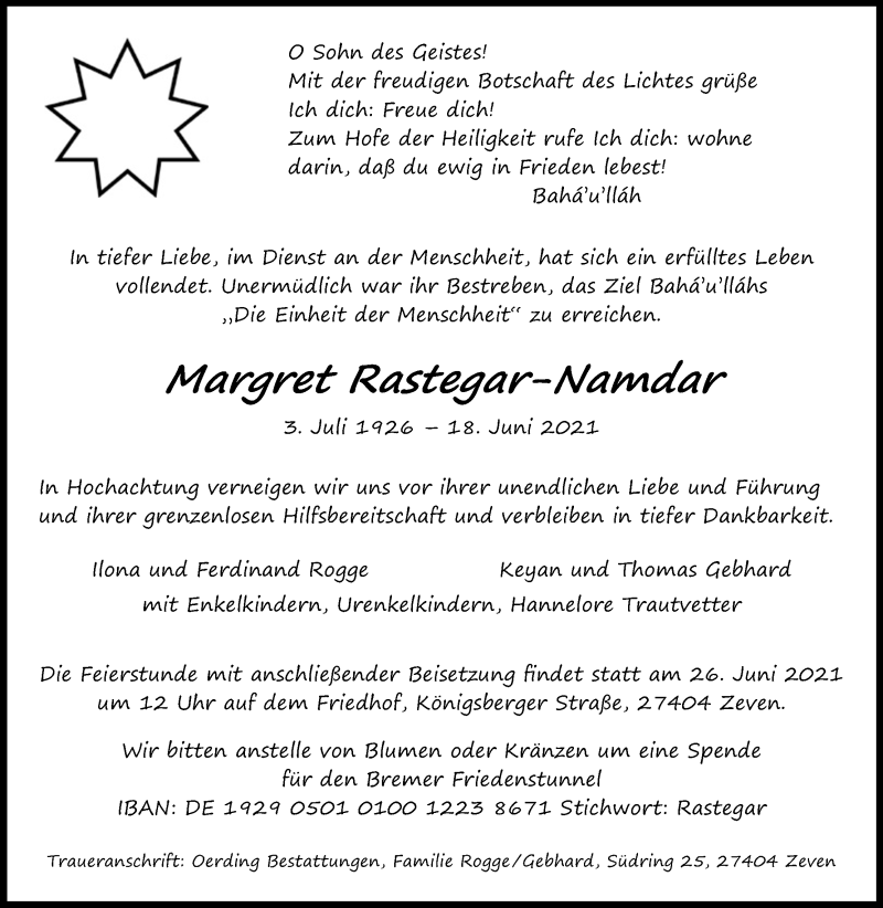  Traueranzeige für Margret Rastegar-Namdar vom 25.06.2021 aus Kölner Stadt-Anzeiger / Kölnische Rundschau / Express