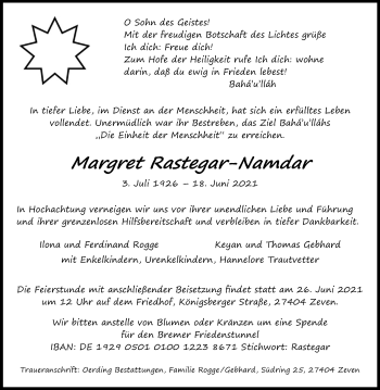 Anzeige von Margret Rastegar-Namdar von Kölner Stadt-Anzeiger / Kölnische Rundschau / Express