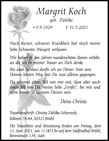 Anzeige von Margrit Koch von Kölner Stadt-Anzeiger / Kölnische Rundschau / Express