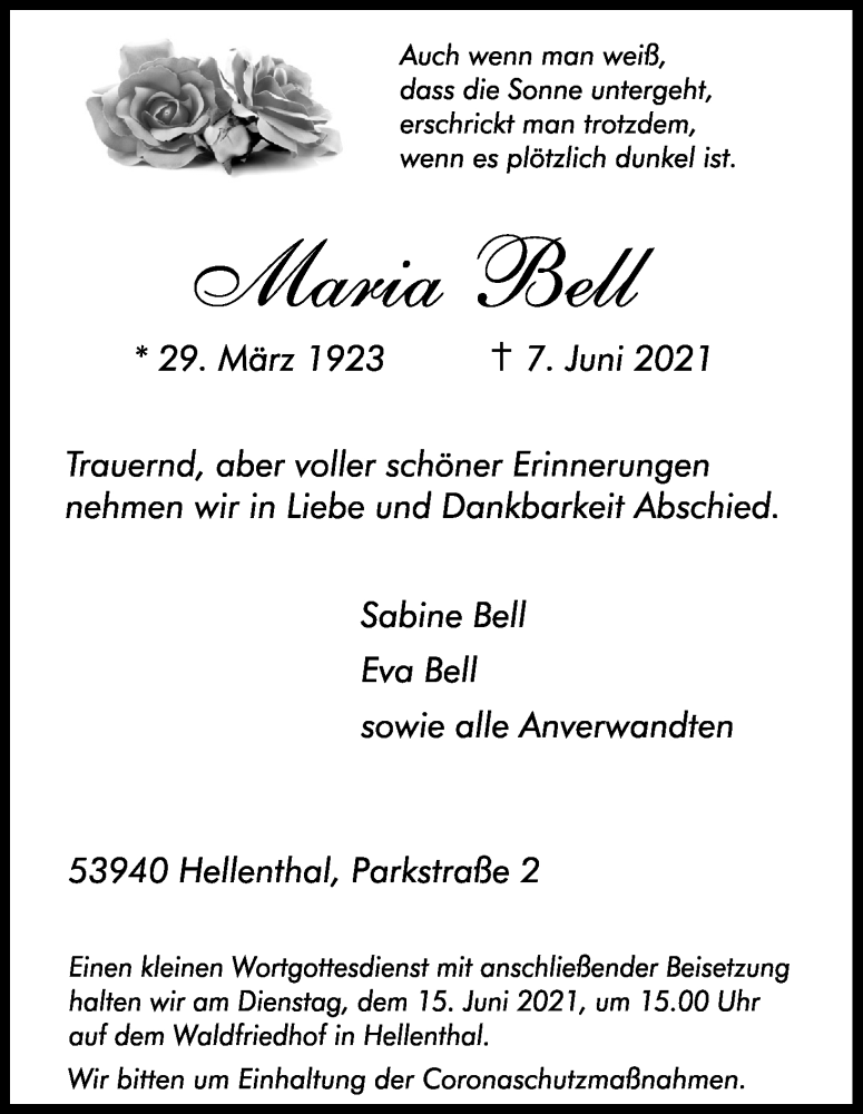  Traueranzeige für Maria Bell vom 12.06.2021 aus Kölner Stadt-Anzeiger / Kölnische Rundschau / Express