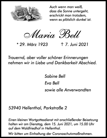 Anzeige von Maria Bell von Kölner Stadt-Anzeiger / Kölnische Rundschau / Express