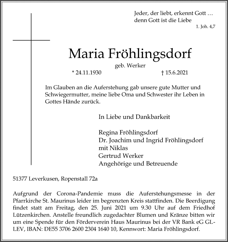  Traueranzeige für Maria Fröhlingsdorf vom 21.06.2021 aus Kölner Stadt-Anzeiger / Kölnische Rundschau / Express
