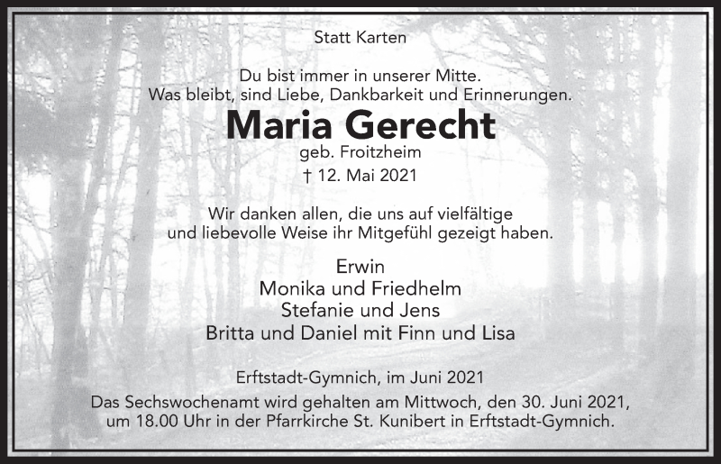  Traueranzeige für Maria Gerecht vom 25.06.2021 aus  Werbepost 