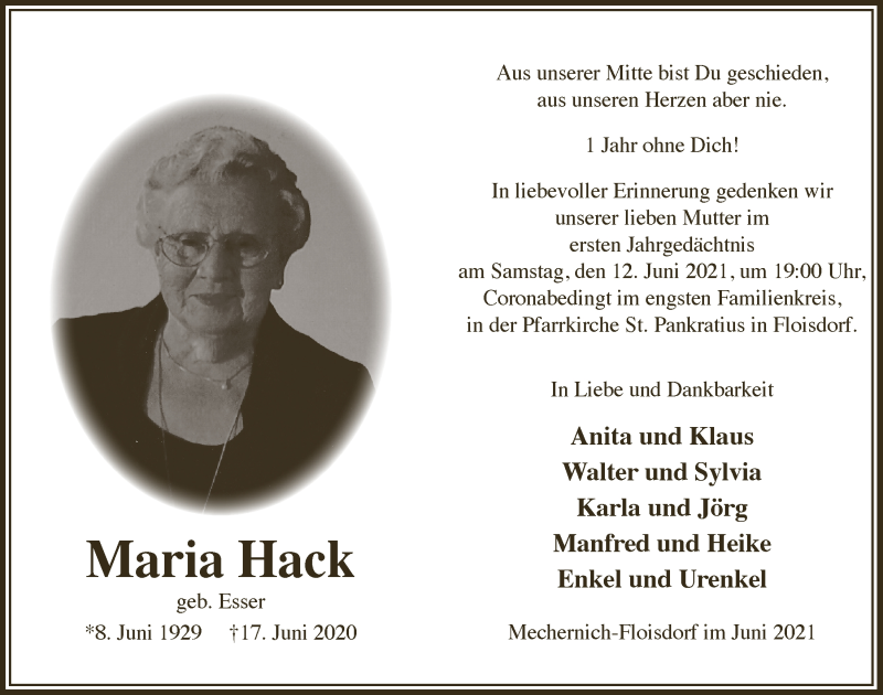  Traueranzeige für Maria Hack vom 05.06.2021 aus  Blickpunkt Euskirchen 