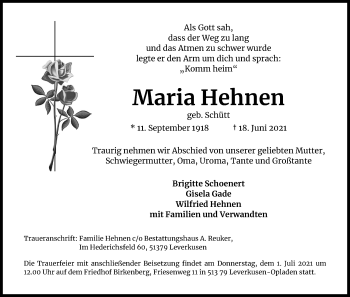 Anzeige von Maria Hehnen von Kölner Stadt-Anzeiger / Kölnische Rundschau / Express