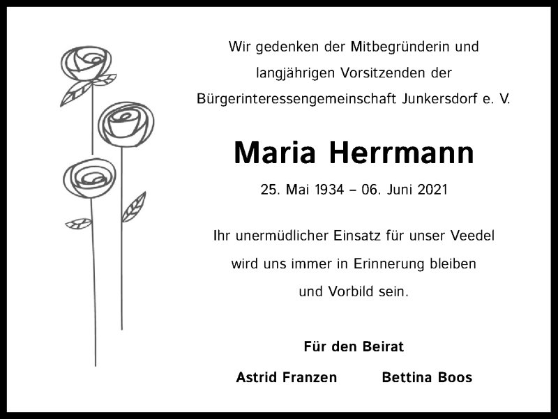  Traueranzeige für Maria Herrmann vom 26.06.2021 aus Kölner Stadt-Anzeiger / Kölnische Rundschau / Express