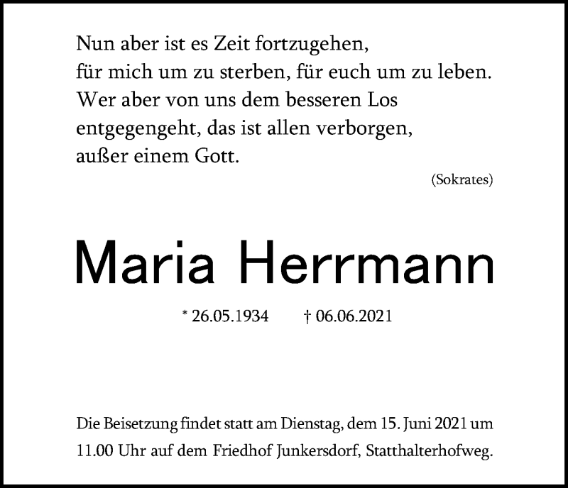  Traueranzeige für Maria Herrmann vom 12.06.2021 aus Kölner Stadt-Anzeiger / Kölnische Rundschau / Express