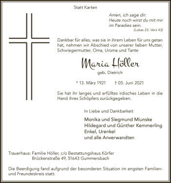 Anzeige von Maria Höller von  Anzeigen Echo 