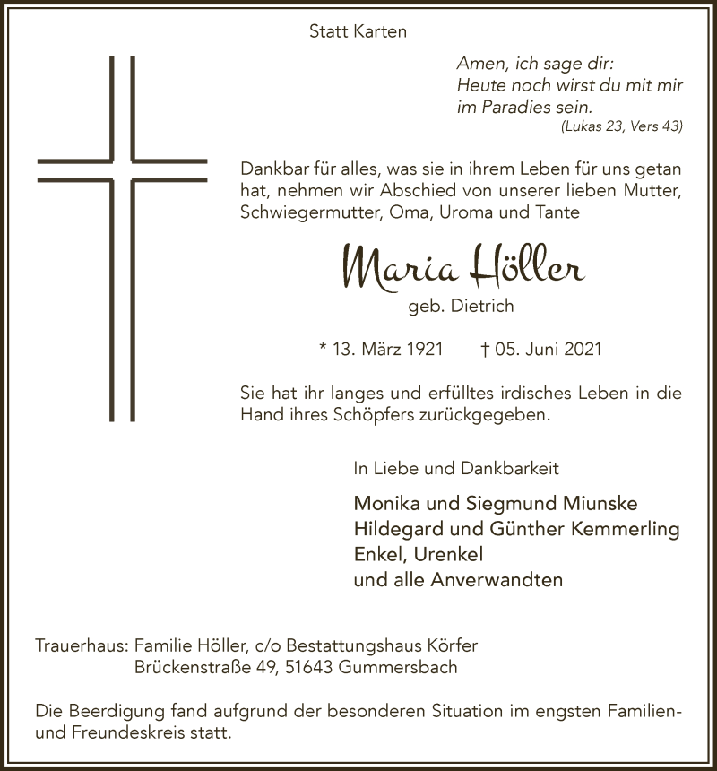  Traueranzeige für Maria Höller vom 11.06.2021 aus  Anzeigen Echo 