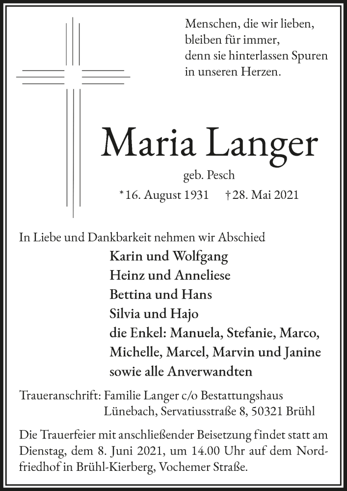  Traueranzeige für Maria Langer vom 04.06.2021 aus  Schlossbote/Werbekurier 