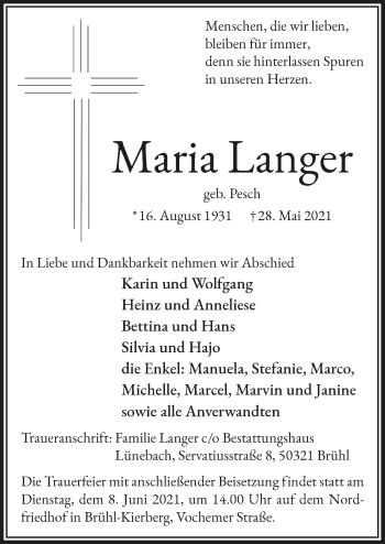 Anzeige von Maria Langer von  Schlossbote/Werbekurier 
