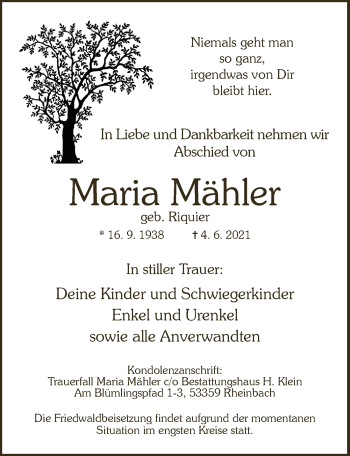 Anzeige von Maria Mähler von  Schaufenster/Blickpunkt 