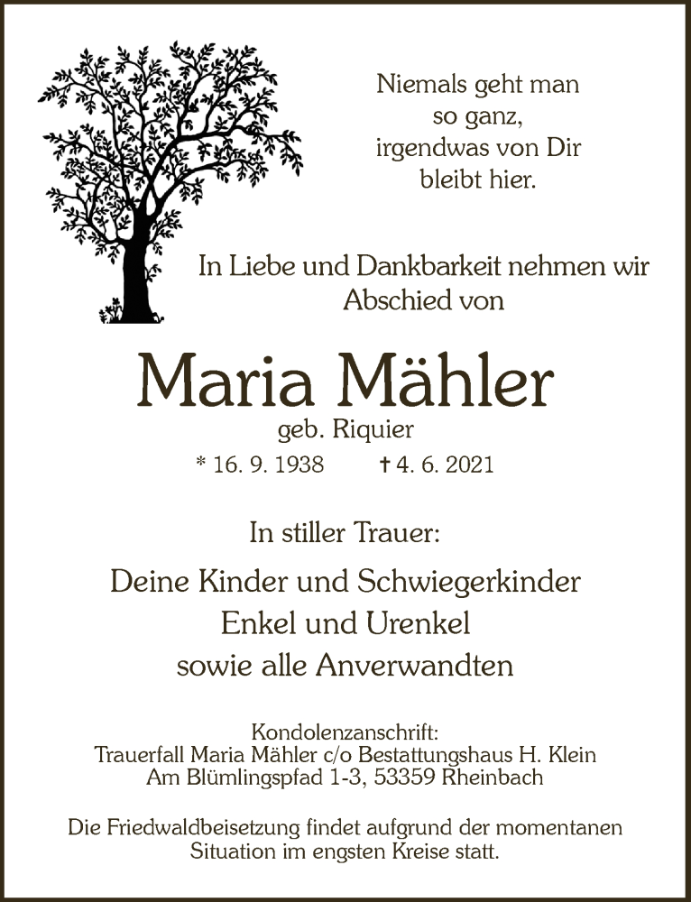  Traueranzeige für Maria Mähler vom 18.06.2021 aus  Schaufenster/Blickpunkt 